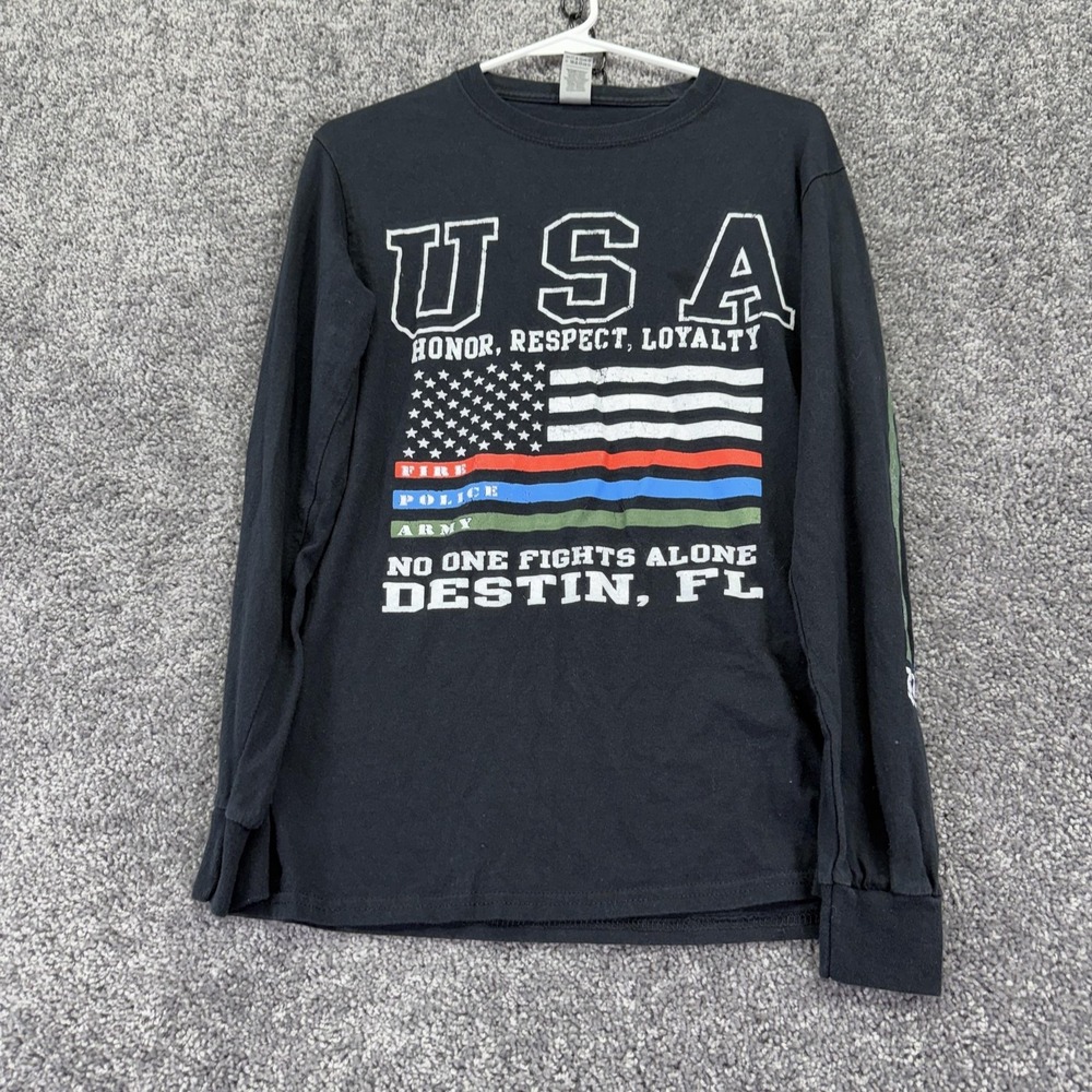 Gildan Shirt Mens Small Black Long Sleeve USA Destin FL Flag Graphic Tee Support